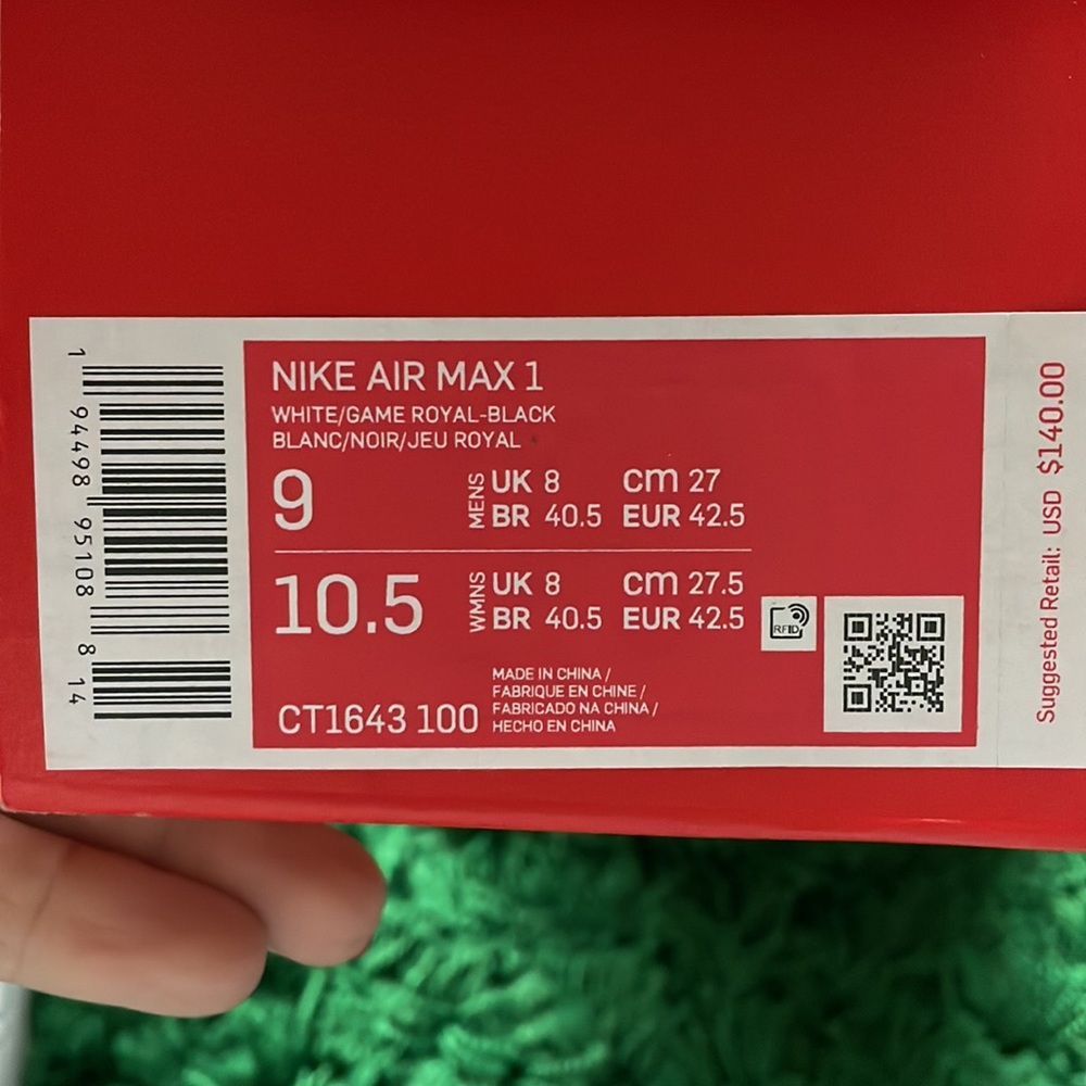 Nike Air Max 1. White/Game Royal/Black. Size 9 - Picture 4 of 4